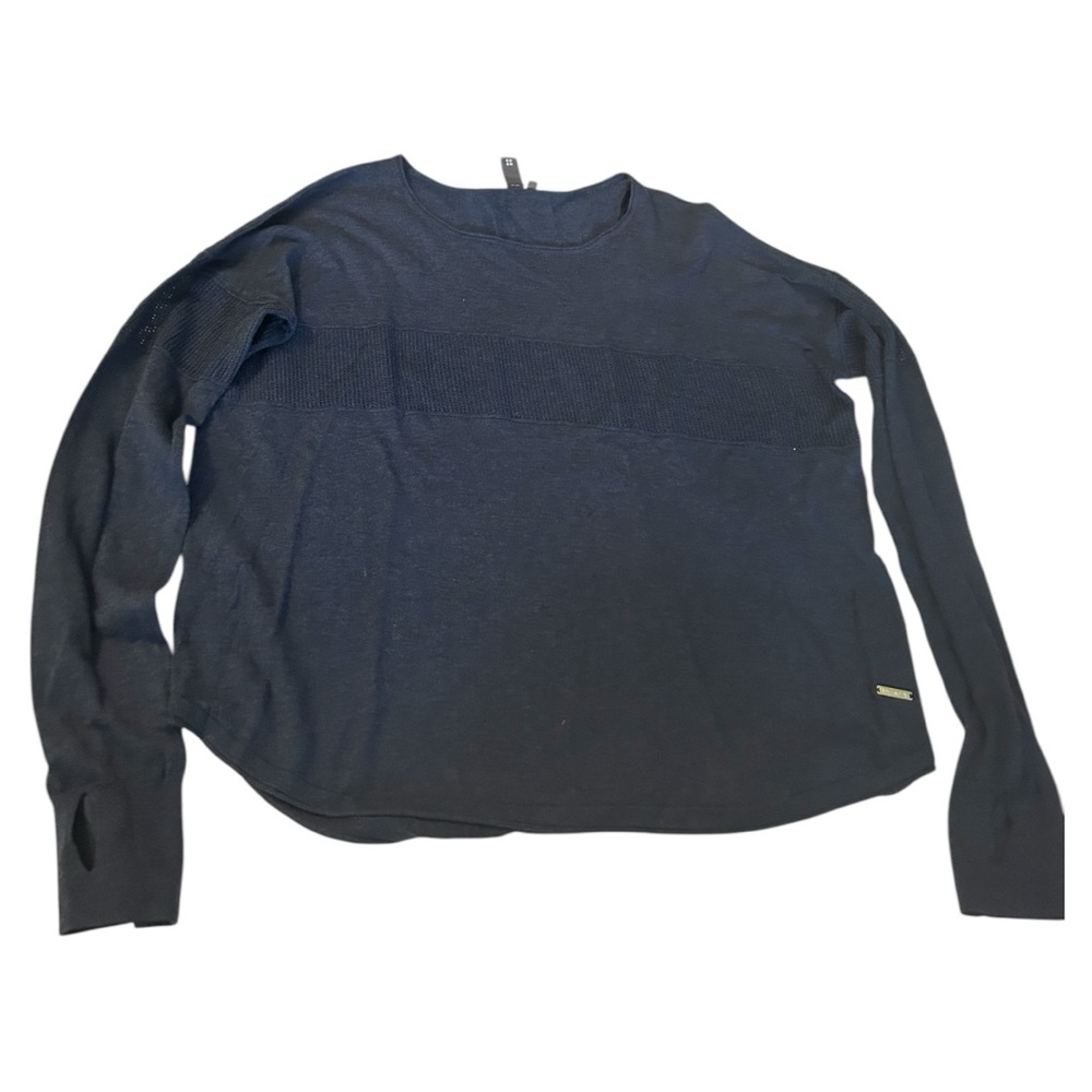 Sweaty Betty navy blue long sleeve top knit stripe detail